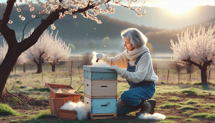 Lady Using Wool to Insulate a Bee Hive